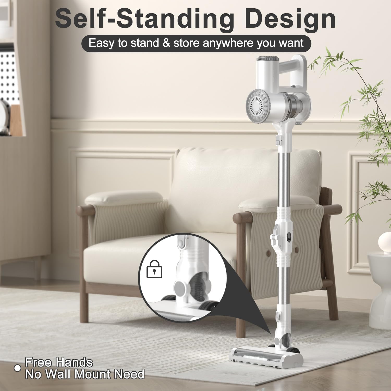 Cordless Vacuum Cleaner, Lightweight Stick Vacuum Cleaner, 6 in 1, Self-Standing with Powerful Suction, 180° Bendable Wand Rechargeable Cordless Vacuum for Hardwood Floor (White)