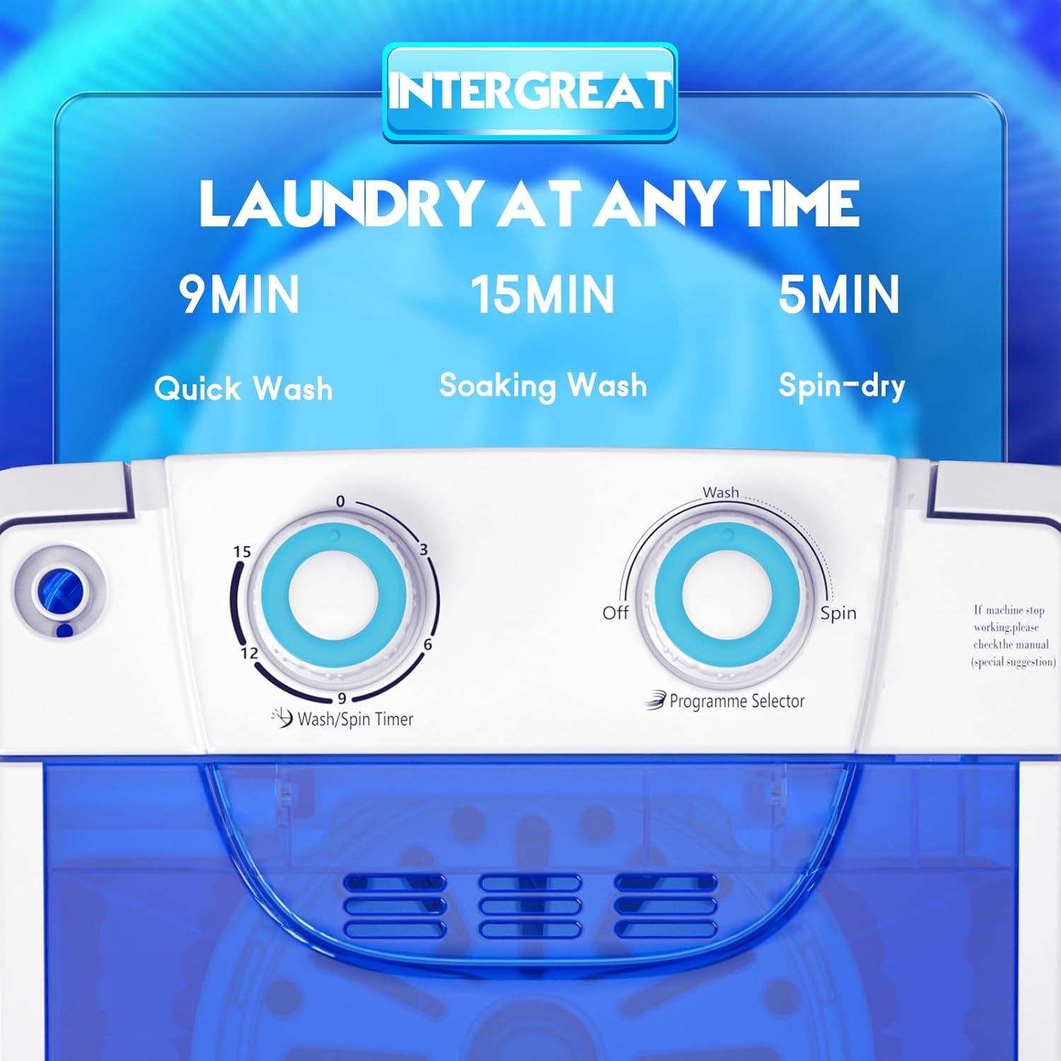 INTERGREAT Portable Washing Machine, 6.6 Lbs Mini Small Washer Machine, Single Tub Laundry Washer for Apartments, Dorms,Traveling, RV, Blue