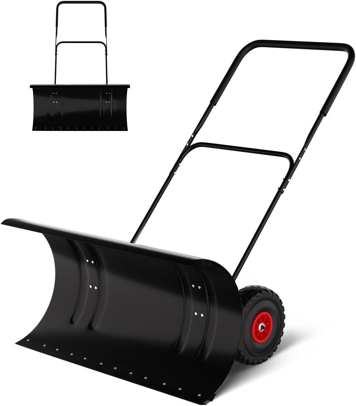 29” Wide Snow Pusher with Wheels for Driveway, Heavy-Duty Steel Blade, Adjustable Handle & 60° Tilt, Effortless Snow Removal with Surface Protection