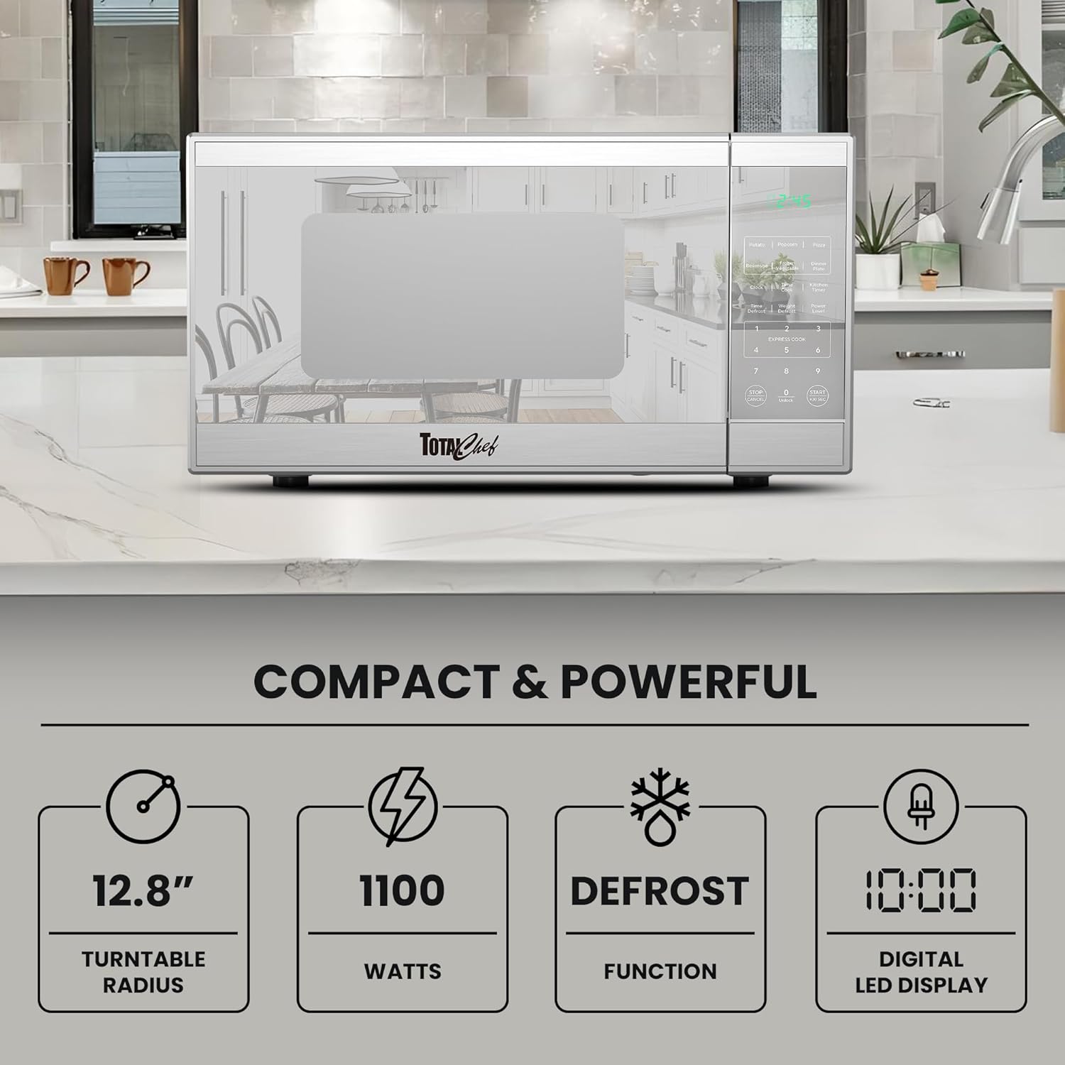Total Chef 1.3 Cu Ft Microwave Oven – Compact Countertop Kitchen Appliance, Small Stainless Steel Microwave with Digital Touch, Pre-Set Functions, 12.8” Turntable, 1100 Watt
