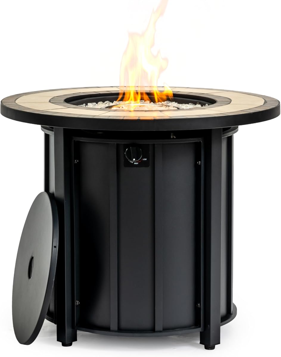 30 Inch Round Steel Fire Pit Table with Mosaic Ceramic Top, Black Finish Propane Fire Table Features 50,000 BTU Output and All-Weather Construction for Patio and Garden Use