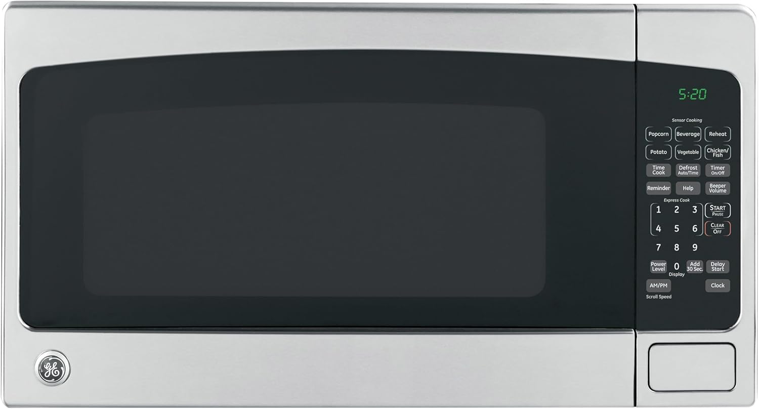 GE Countertop Microwave Oven,1, 200-watt Capacity, 2.0 Cubic Ft., 8 Auto Setting Cooking Settings, Child-Lock Technology, Kitchen Essentials for the Countertop, Dorm Room or Apartment, Stainless Steel