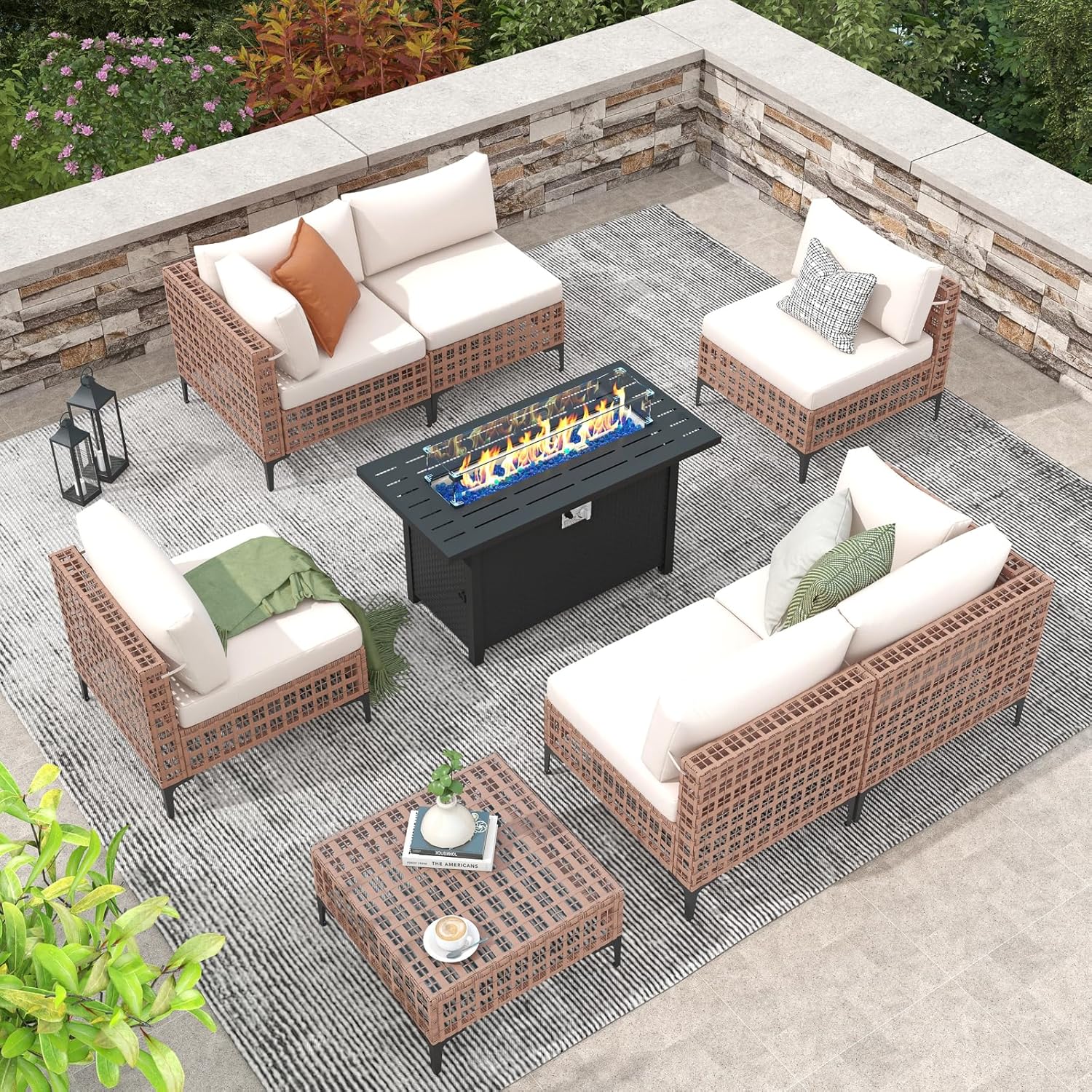 Patiorama 8 Piece Wicker Patio Furniture Set with 45” Fire Pit Table,Natural-Colored PE Rattan Outdoor Sectional Sofa, 50000 BTU Propane Fire Pit w/Wind Guard,Cover,Water Resistant Cushion-White