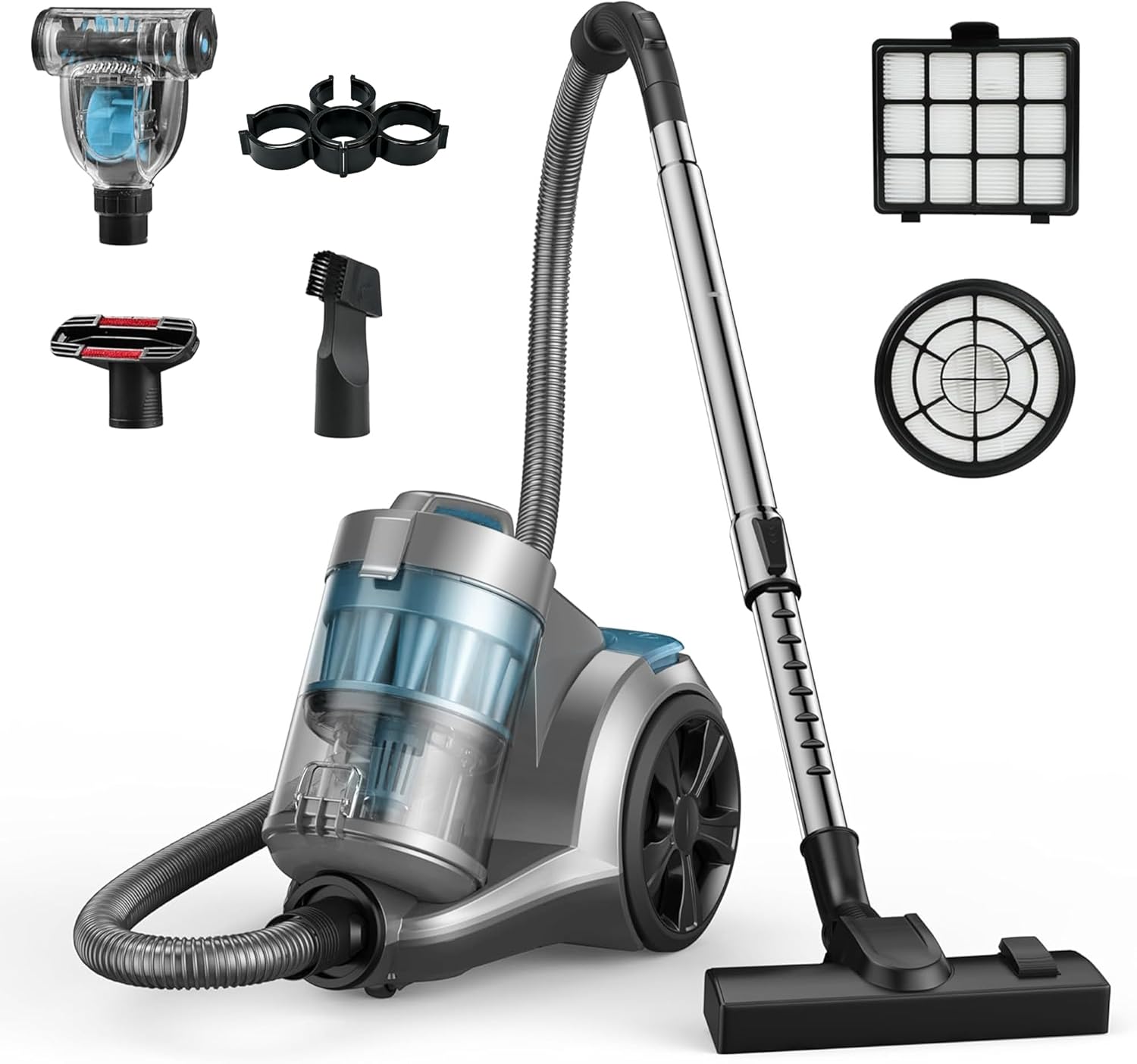 Aspiron 1700W Canister Vacuum Cleaner, 45Kpa Bagless Vacuum Cleaner, Multi-Cyclonic Filtration, 2 Anti-Allergen HEPA Filters, 3.5QT Dust Cup, 4 Tools, Corded Vacuum for Hard Floor, Pet Hair, Teal