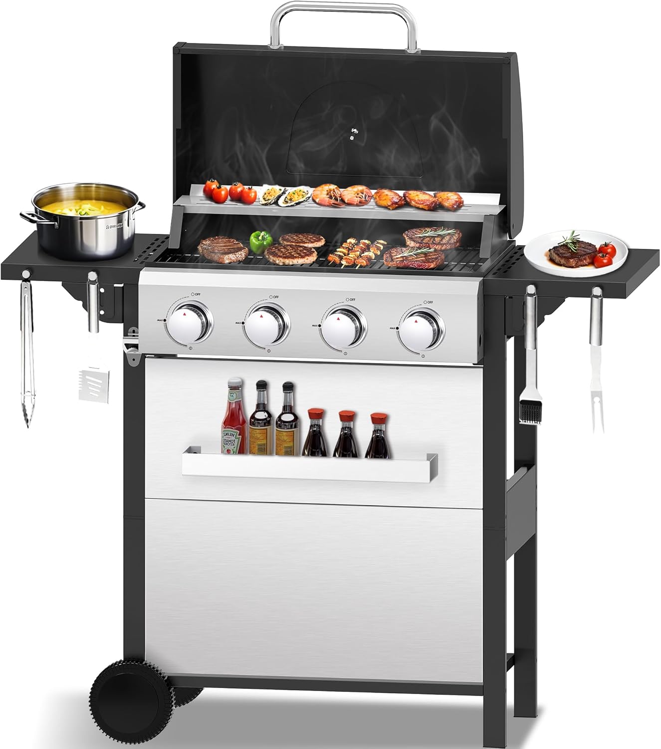 CIG GARDEN 4-Burner Propane Gas Grill,Outdoor Barbecue Grill with Side Tables and Wire Enamel Cooking Grids,42,000 BTU Output Stainless Steel Grill for Patio Garden Camping Backyard BBQ