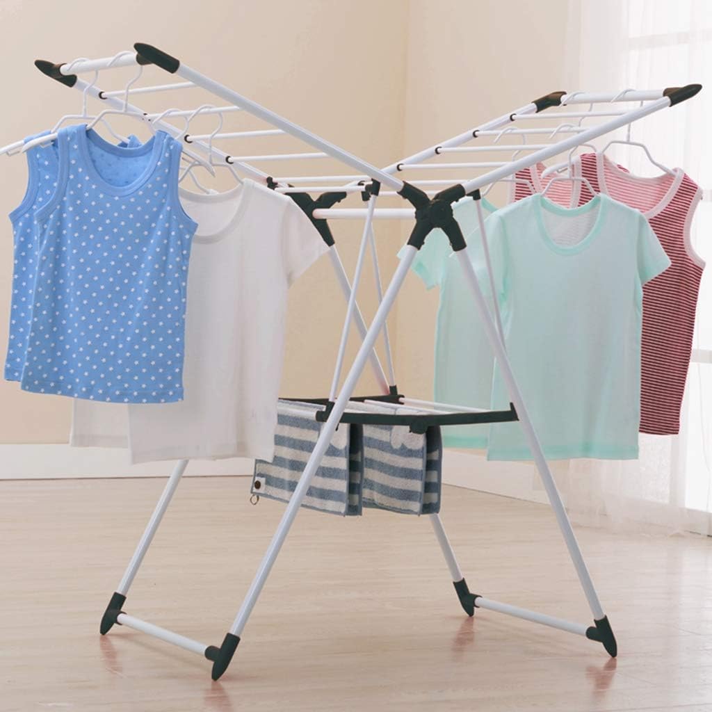 Laundry Rack, Folding Clothes Airer, with Wheels Balcony Expandable Adjustable Wings Towel Rack Bold Thickening Stainless Steel Dryer