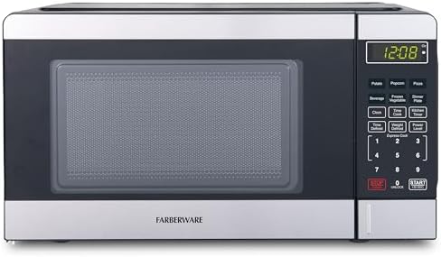 Farberware 0.7 Cu. Ft. Countertop Microwave Oven – 700 Watts Power, Auto Cook Settings, Defrost, Easy Clean and Child Safety Lock - Stainless and Black