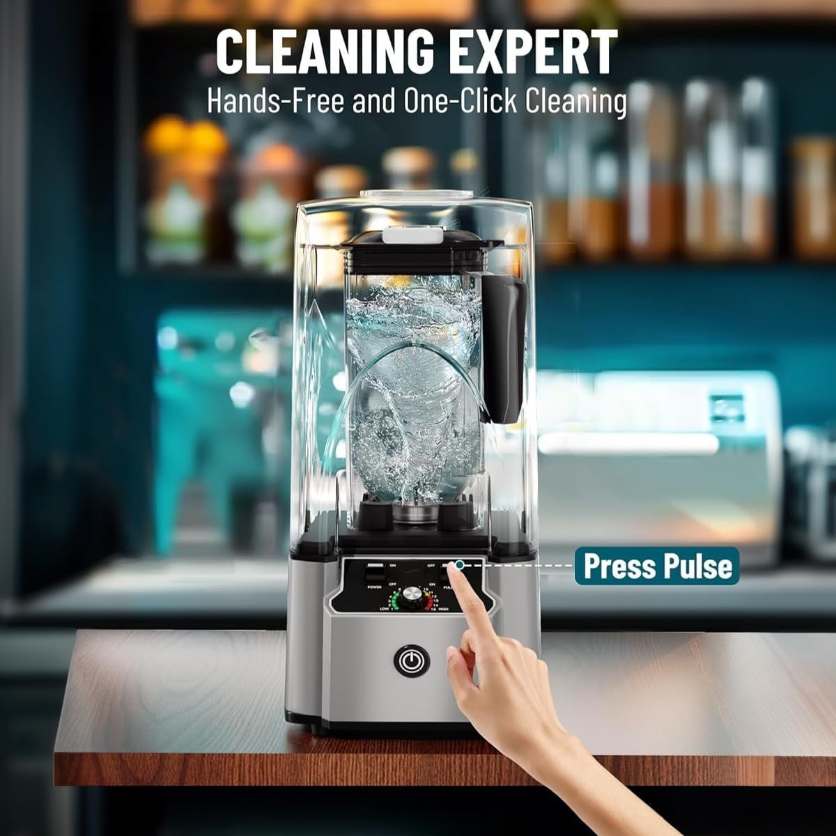 Commercial Professional Blender With Shield Quiet Sound Enclosure 2200W Industries Strong and Quiet Professional-Grade Power, Self-Cleaning, Silver