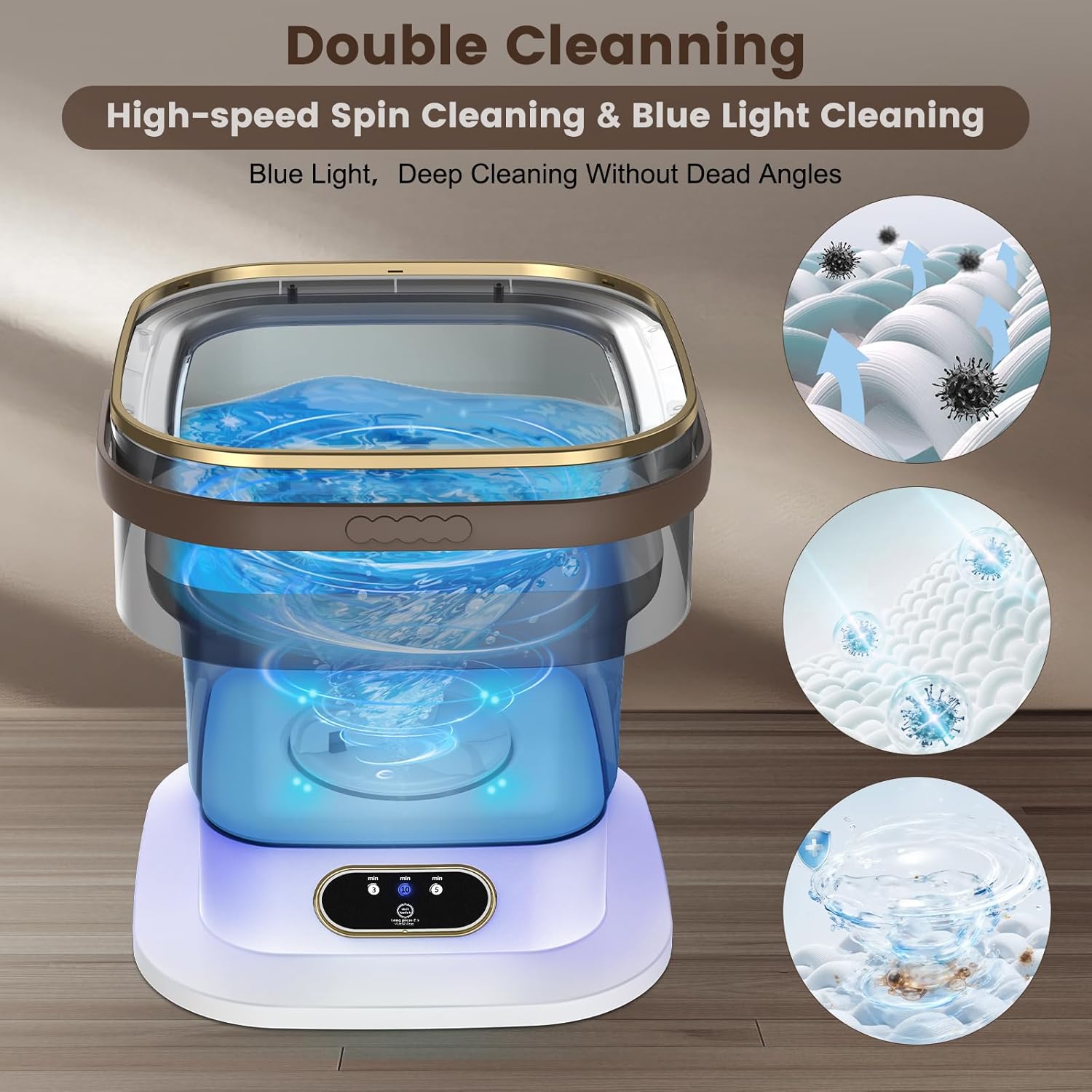 Portable Washing Machine, 15L Mini Washing Machine with Spin Basket & 3 Modes Deep Cleaning, Foldable Mini Washer for Apartments, Dorms, Camping (Khaki)