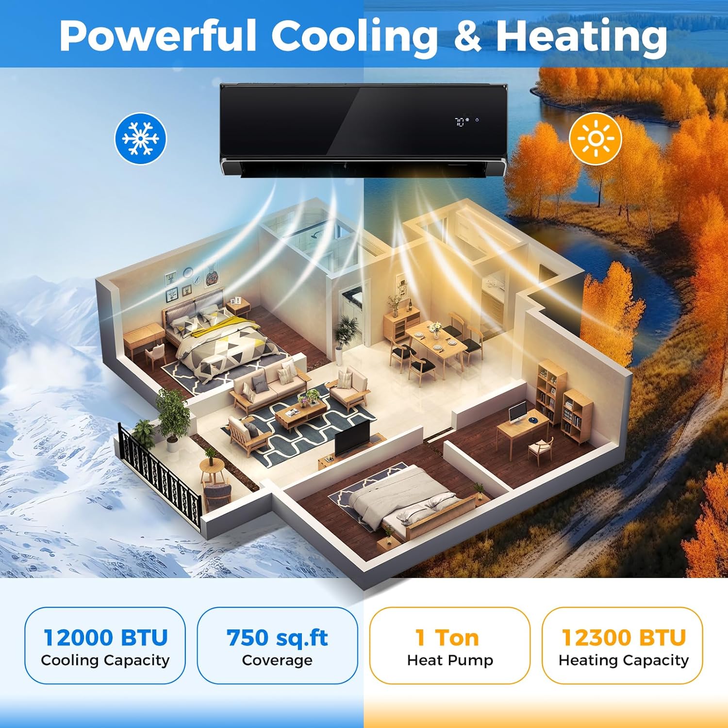 ARLIME 12000 BTU Wifi Enabled Mini Split Air Conditioner & Heater, 22 SEER2 208-230V Inverter AC Unit Cools Rooms up to 750 Sq. Ft, Energy Efficient Split Wall AC w/Heat Pump & Installation Kit