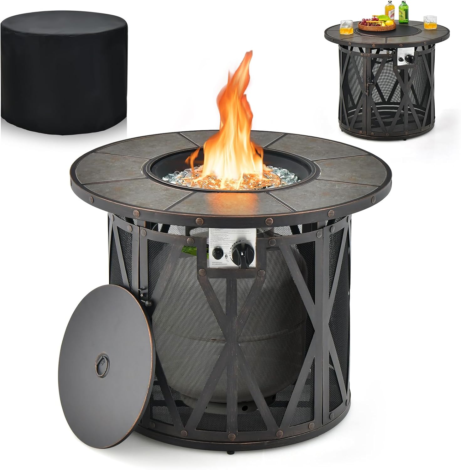 S AFSTAR 32-Inch Round Fire Table, 30,000 BTU Gas Propane Fire Pit Table W/Fire Glass Stones, PVC Cover, Auto-Ignition Propane Tank Fire Table Coffee Table for Outside Patio Deck