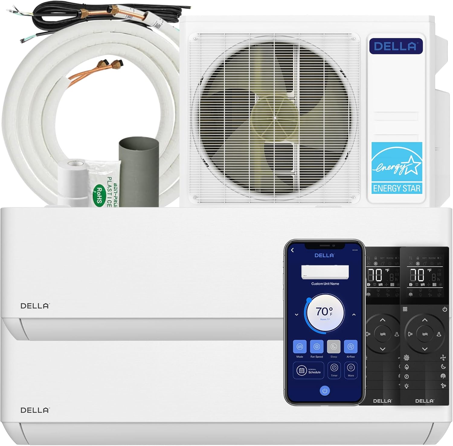 DELLA 18K BTU ODU 2 Zone 12K 12K BTU 24 SEER2 208-230V, Cools Up to 1100 Sq.Ft, Energy Star, Works with Alexa and Wifi, Multi Zone Mini Split AC Pre-Charged Heat Pump, 16ft Installation Kits