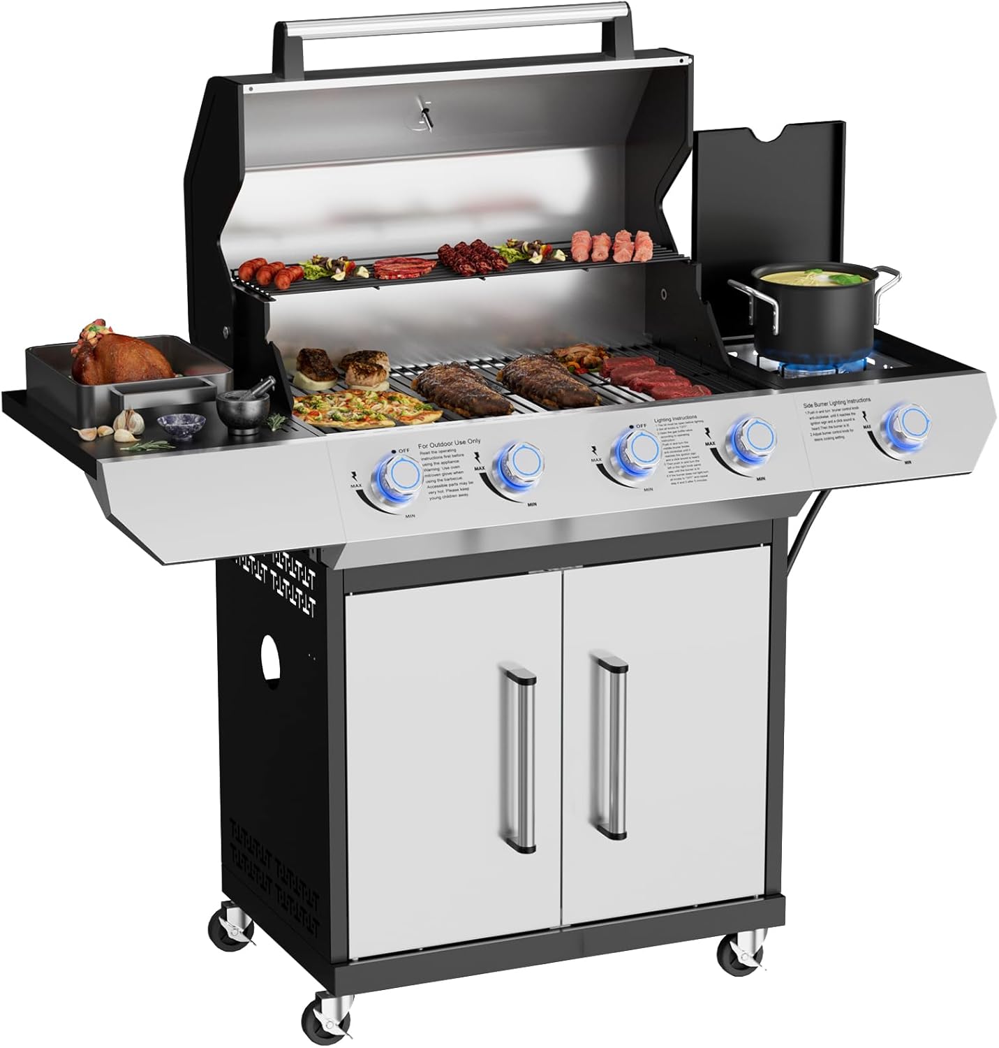 4 Led Burner Propane Gas Grill with Side Burner Led Knob, 60,000 BTU Stainless Steel Gas Grill with Porcelain-Enameled Cast Iron Grates for Outdoor Cooking