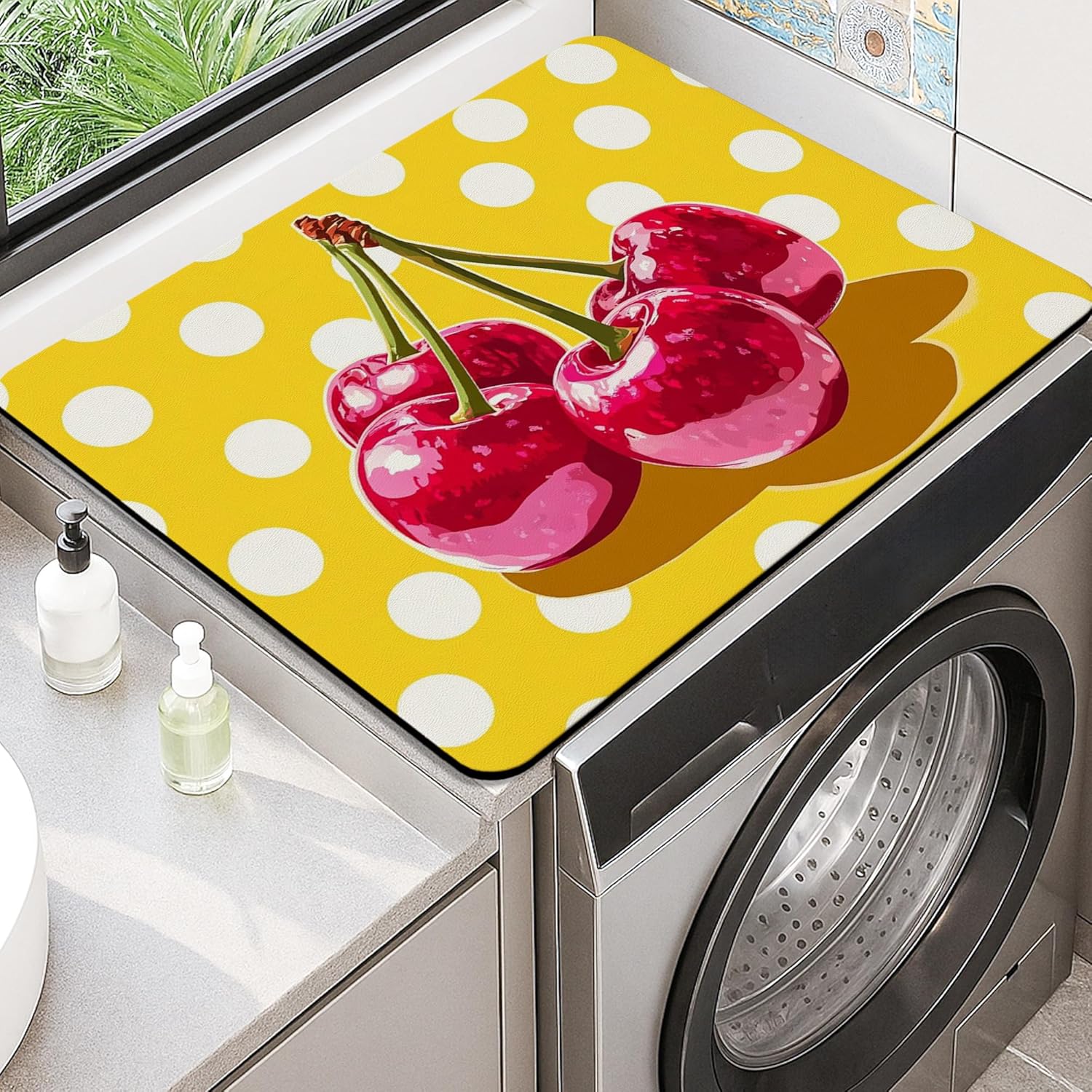 Cherries Washer Dryer Top Protector Mat, Retro Cherries Design Laundry Machine Dust Cover, Summer Waterproof Rubber Anti-slip Washer And Dryer Mats for Laundry Room 20x24 Inch