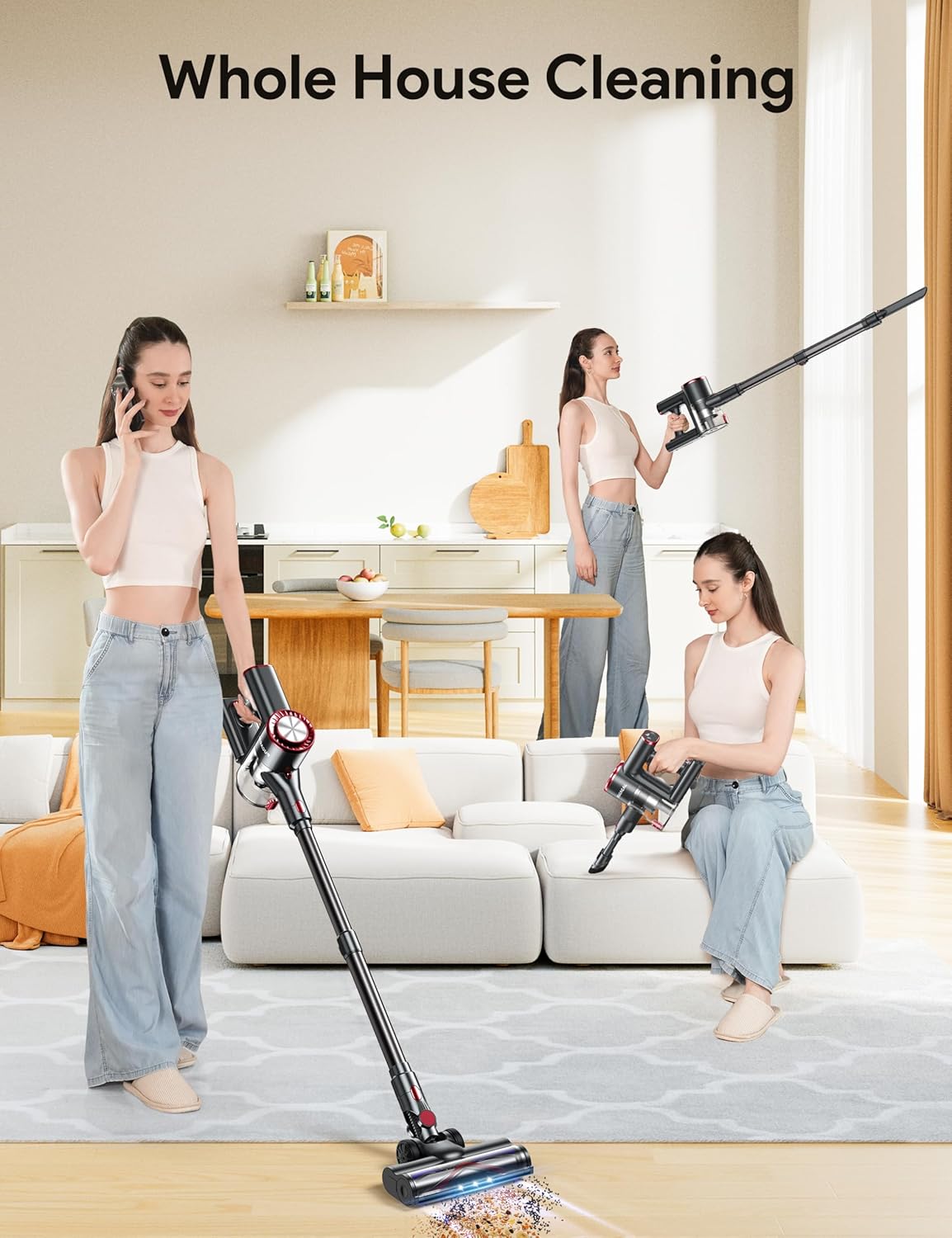 FUFACAL Cordless Vacuum Cleaner, 23KPA Stick Vacuum with 42Mins 2200mah Detachable Battery, 6 in 1 LED Display Lightweight Cordless Stick Vacuum Cleaner, Vacuum Cleaner for Home Hard Floor Car Carpet