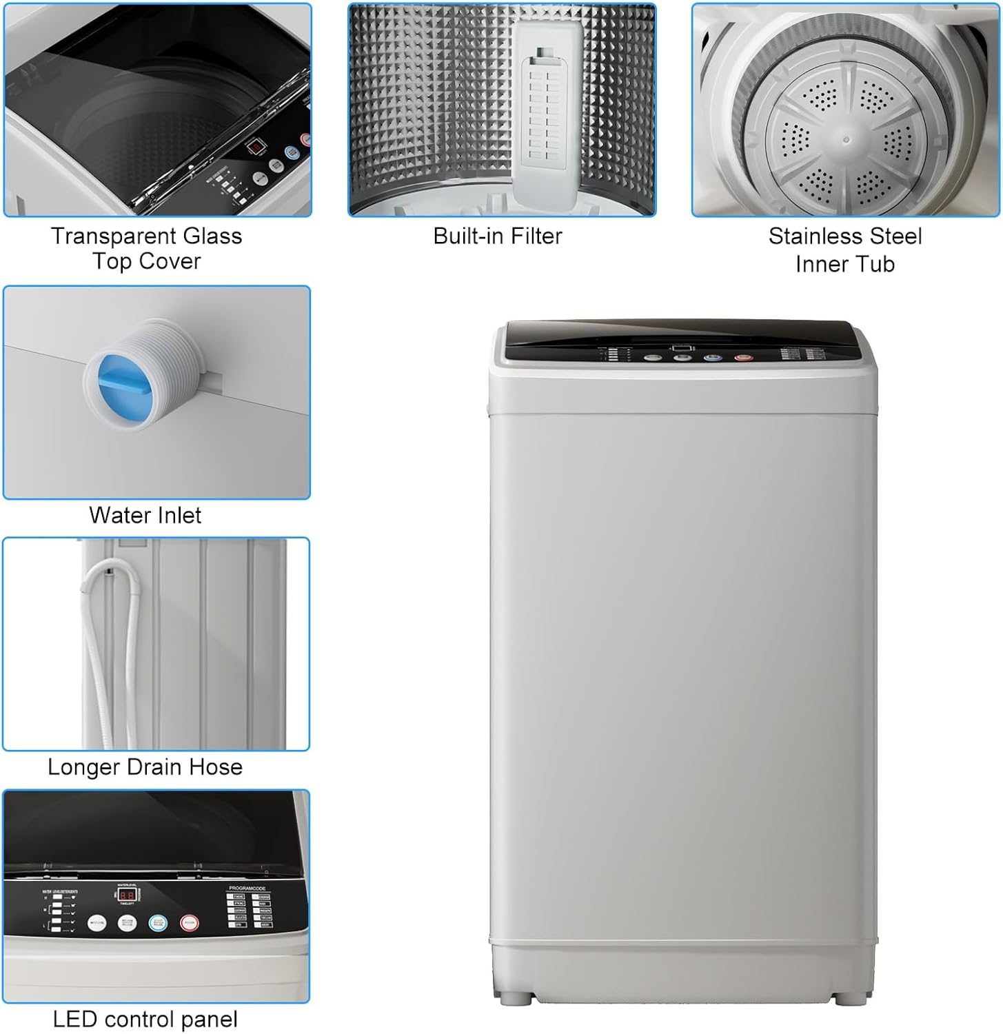 TABU Compact Washer and Dryer Combo Set,20LBS Full-Automatic Washing Machine with 10 Washing Programs & 2.6 Cu.Ft Compact Dryer with Stainless Steel Inner Tub,Grey