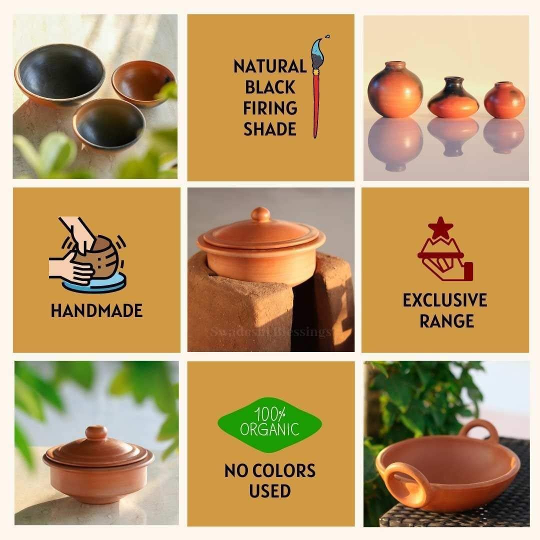 Swadeshi Blessings HandMade Exclusive Range Unglazed Clay Handi/Earthen Pot for Cooking with Lid (4 LTR, Black) (with Natural Firing Shade & Stone Finished Mirror Shine) + Free Palm Leaf Stand