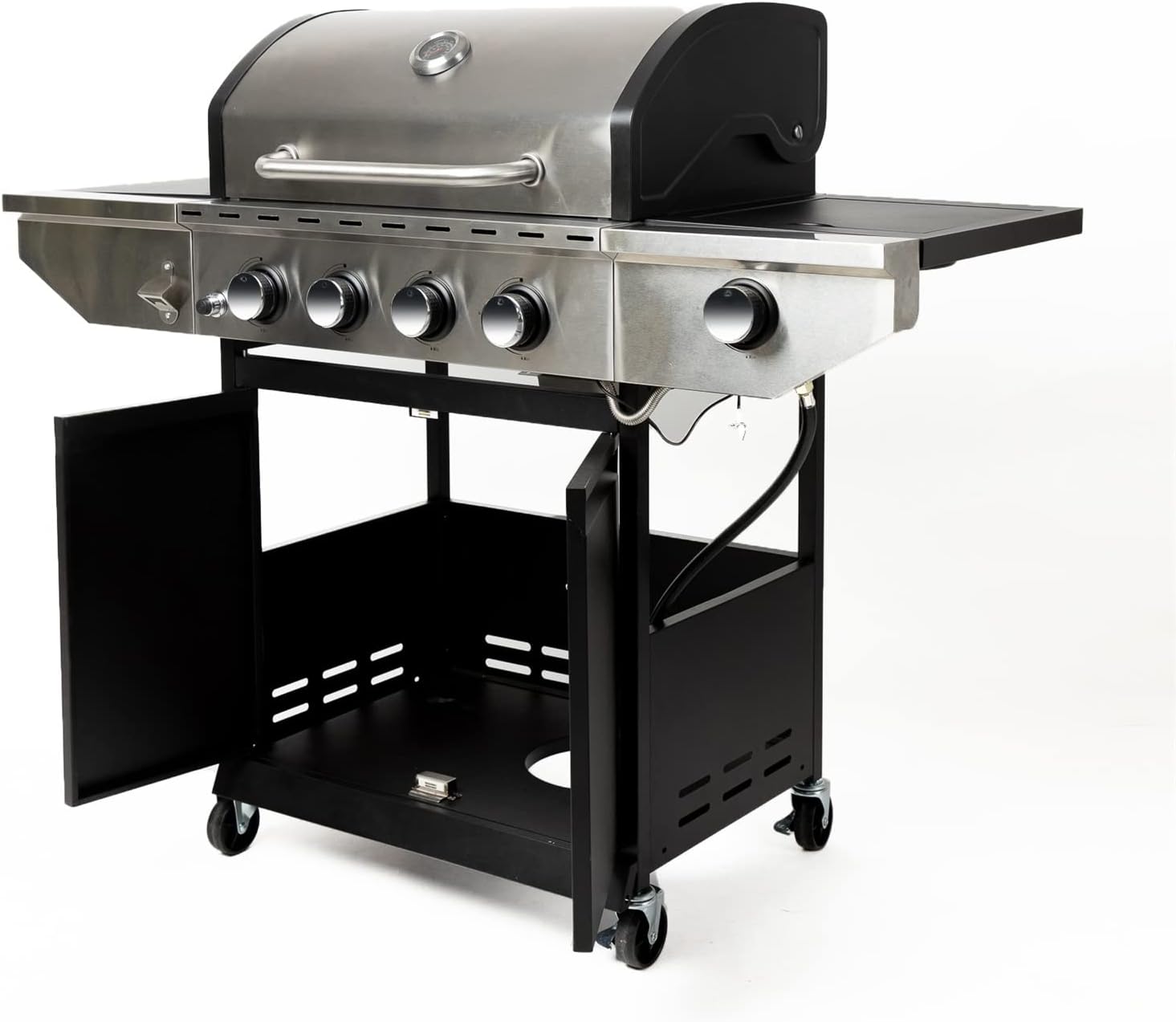 Propane Grill 4 Burner Barbecue Grill Stainless Steel Gas Grill with Side Burner and Thermometer for Outdoor BBQ, Camping