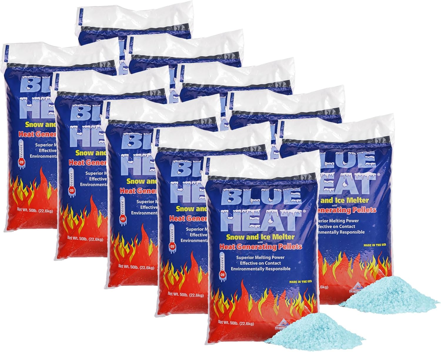 Blue Heat 10 Pack Ice Melt Pellets, Calcium Blend Deicer Snow Melter for Driveway, 50 Lb - Pet-Friendly Winter Relief with Magnesium, Calcium, and Sodium Formula, BH50