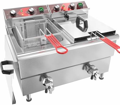 EGGKITPO Commercial Fryer Stainless Steel Electric Deep Fryer with Oil Filtration and Timer 24L Large Capacity Dual Tank Fryer with Baskets and Lids Countertop Deep Fryer for Restaurant Use 120V 3500W