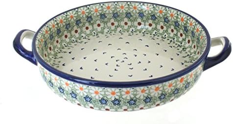 Blue Rose Polish Pottery - Green Daisy Small Round Baker with Handles - 9.5