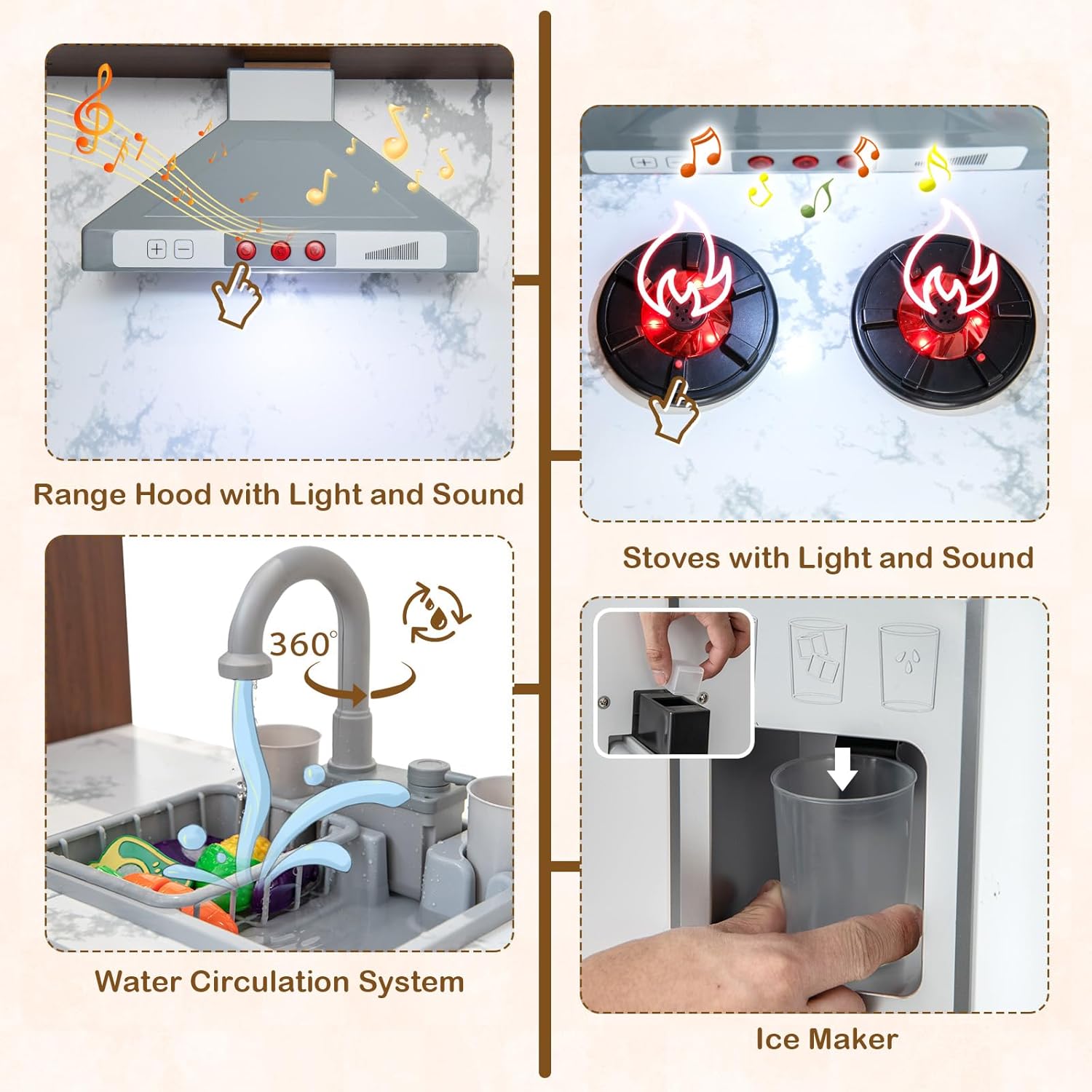 Costzon Kids Kitchen Playset, Toddler Pretend Toy Cooking Set w/Real Lights & Sounds, Sink & Faucet, Ice Maker, Microwave, Oven, 18 Cooking Accessories, Corner Play Kitchen for Kids Ages 3+ (Coffee)