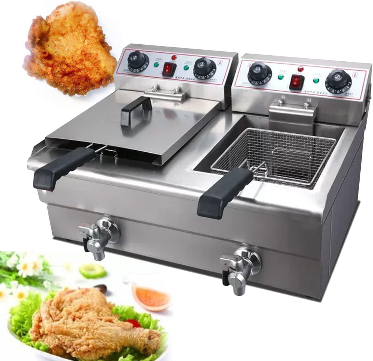 Deep Fat Fryer, Multi Cooker, Stainless Steel Chip Fryer with Lids & Oil Basket, Temperature Control with Silver Lid & Copper Draining Faucet, Electric Fryer for Commercial or Home Uses,13lx2