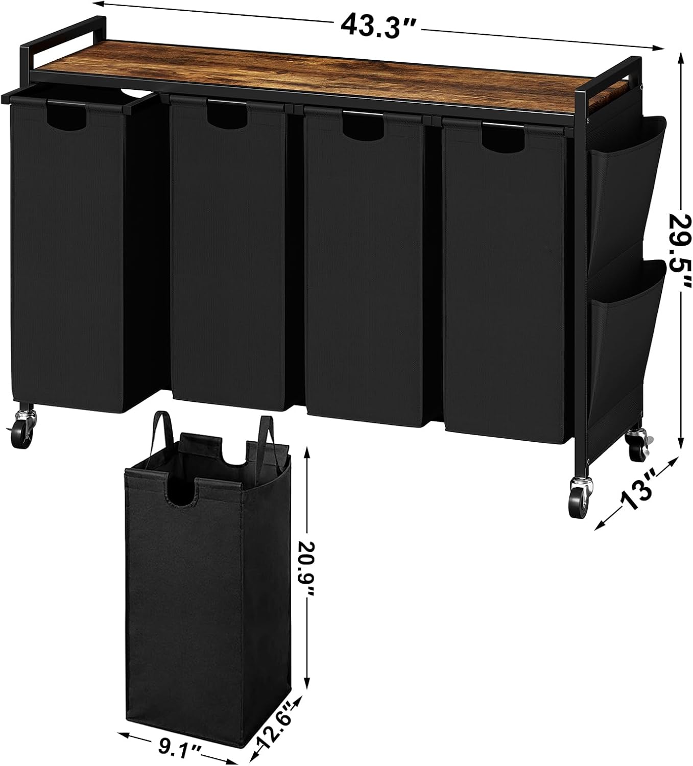 WOWLIVE 4-Compartment Laundry Hamper with Lid,Rolling Laundry Basket Organizer with Wheels, Iron-Made Laundry Sorter with Top Shelf and 4 Removable Bags,Large Clothes Storage for Room,Black