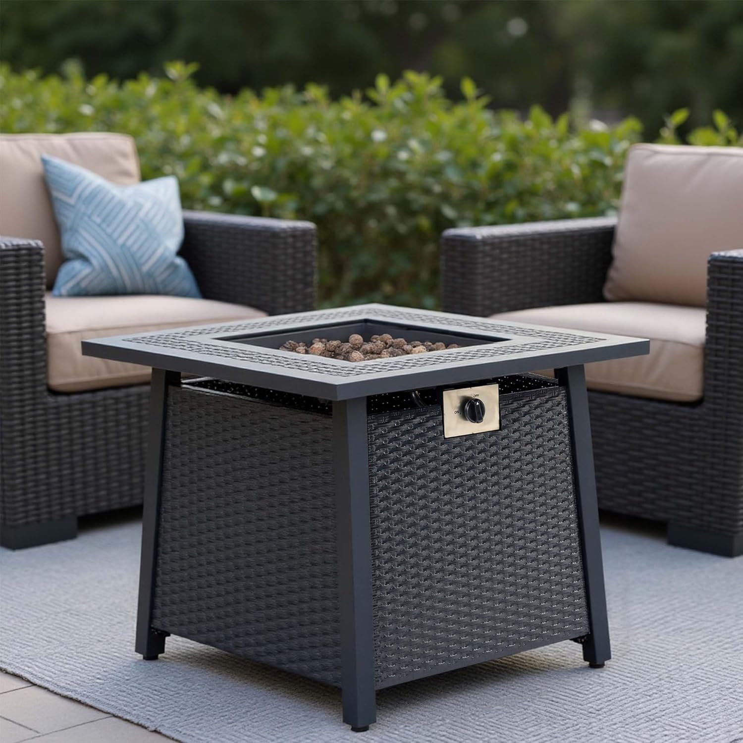28'' Propane Fire Pit Table, 50,000 BTU Patio Fire Pit Table, 3-in-1 Multi-Use Iron Square Propane Firepit, Fit Patio Backyard Deck Outdoor Gatherings (Black 2)