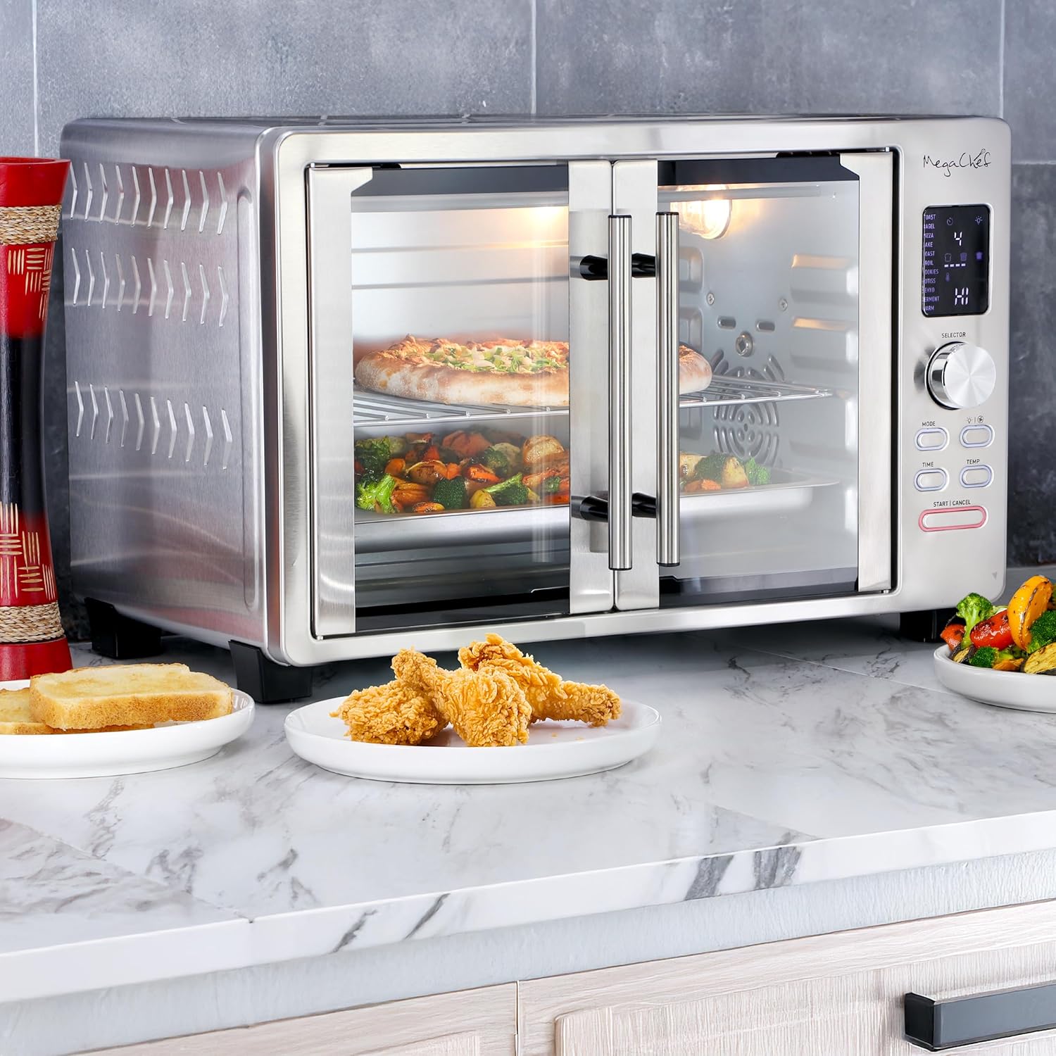 MegaChef 30 Quart Digital French Door Multi-Function Convection Toaster Oven with Rotisserie Set & Toast, Bagel, Pizza, Bake, Roast, Broil, Cookies, Dehydrate & More Presets