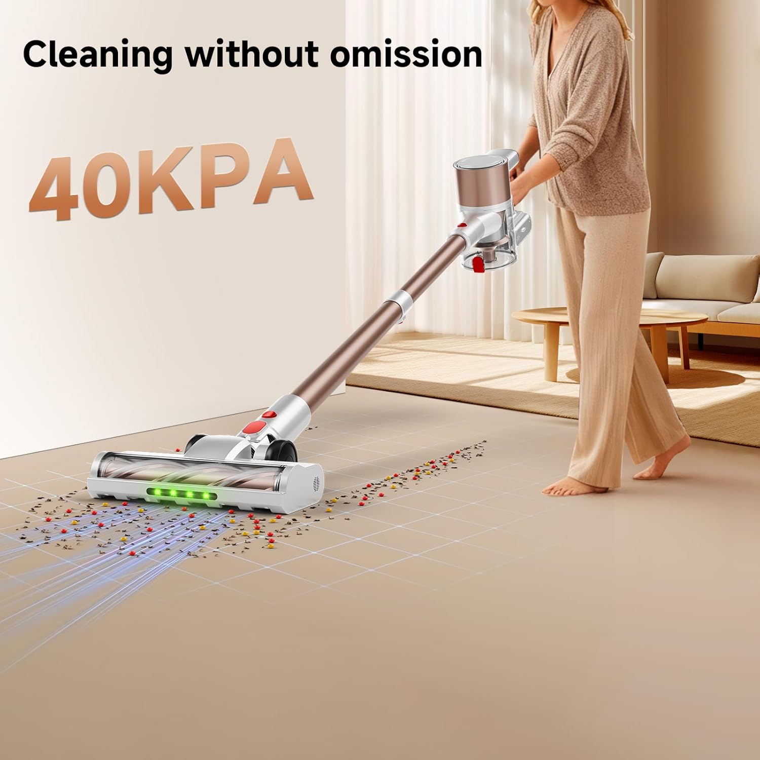 Cordless Vacuum Cleaner, Powerful Suction Vacuum Cleaners for Home, Stick Vacuum Cordless with LED Display, Anti-Tangle & Wall Mount, 8 in 1 Lightweight Vacuum for Hard Floors Pet Hair(Gold)