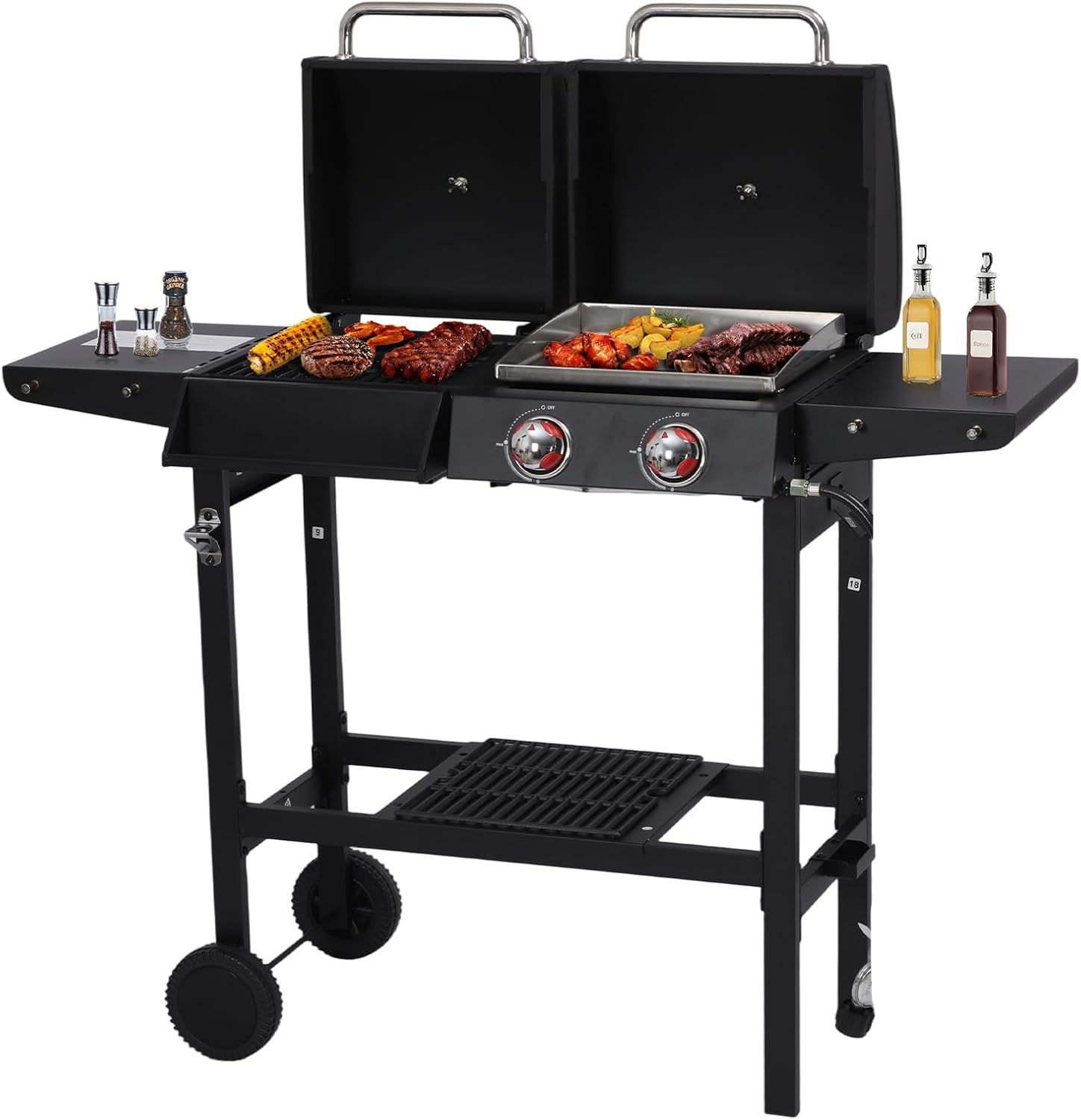 CIG GARDEN 2 Burner Gas and Charcoal Combo Grill, 21,000 BTU Outdoor Barbecue Grill with Cast Iron Grates and Versatile Mini Grill Pan 2 Burner Propane Grill for Outdoor Cooking, Balcony, Backyard