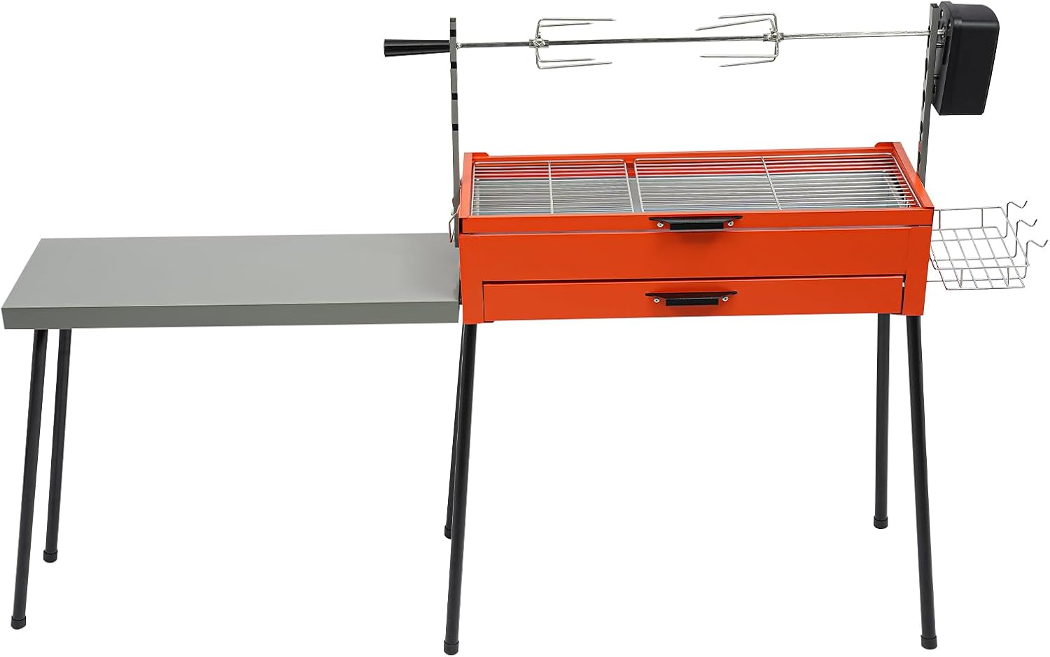 Portable Charcoal BBQ with Rotisserie, Stainless Steel Outdoor Cooker with Detachable Side Table, Height-Adjustable Chicken Roaster for Camping, Patio, and Parties