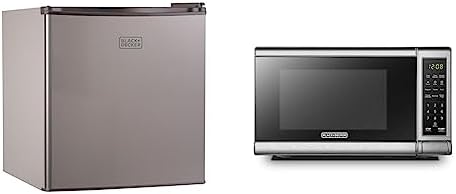BLACK+DECKER BCRK17V Compact Refrigerator Energy Star Single Door Mini Fridge with Freezer, 1.7 Cubic Ft., VCM, Silver & EM720CB7 Digital Microwave Oven with Turntable Push-Button Door, Child Safety