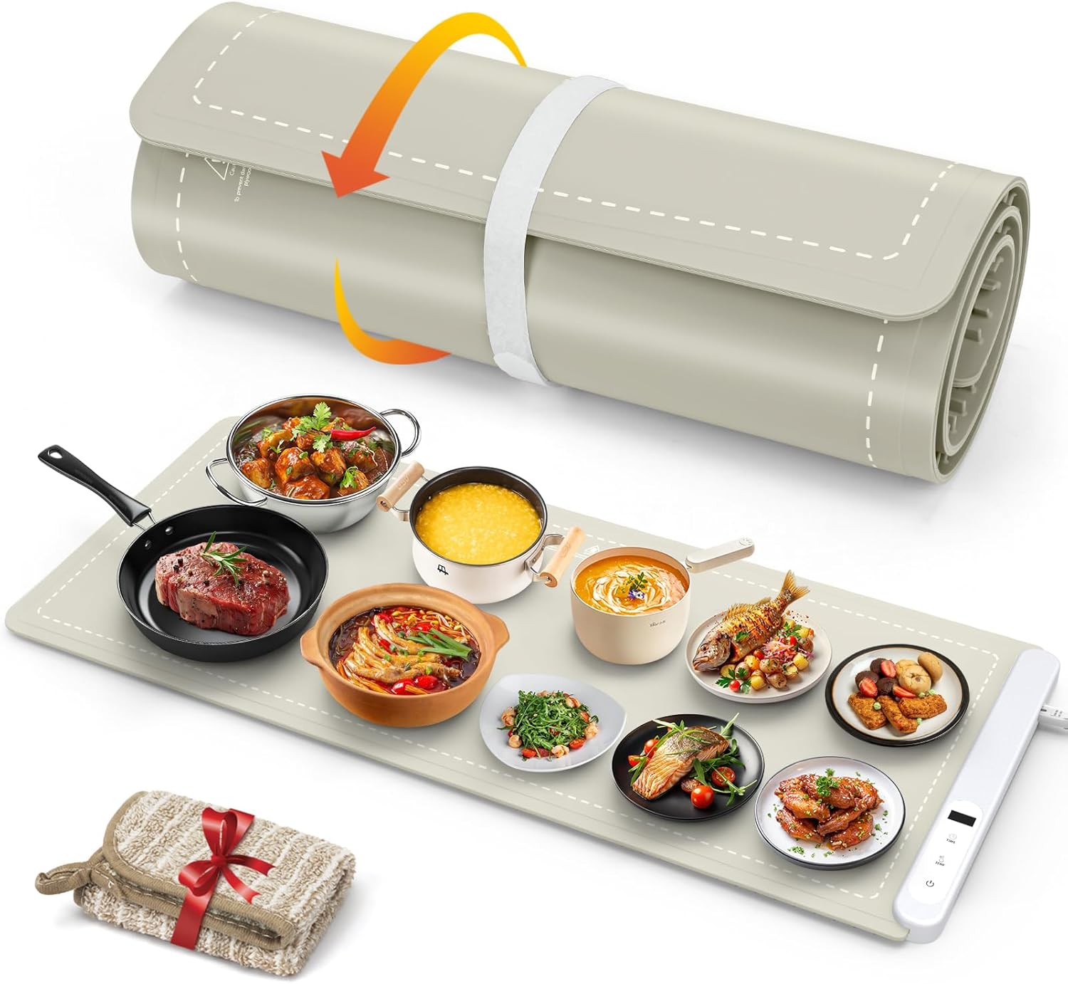 FYY Extra Large Warming Mat for Food - Rapid and Full Surface Heating, 6 Temp Settings, 6H Timer, Rollable Portable Food Warming Mat for Gatherings, Parties, Keep Meal Warm (XX Large Size, Khaki)