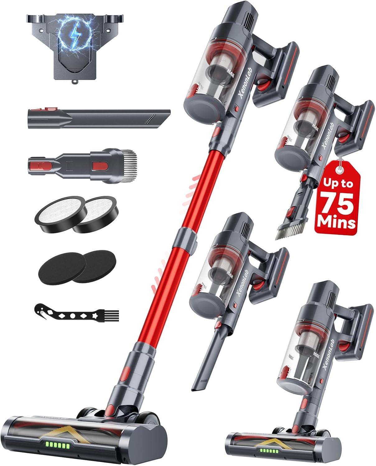 Cordless Vacuum Cleaner, 75Mins/48KPa/580W Self-Standing Stick Vacuum Cleaners for Home, Rechargeable, Lightweight, Anti-Static&Anti-Tangle Brush, for Hard Floor, Carpet, Hardwoods, Pet Hair