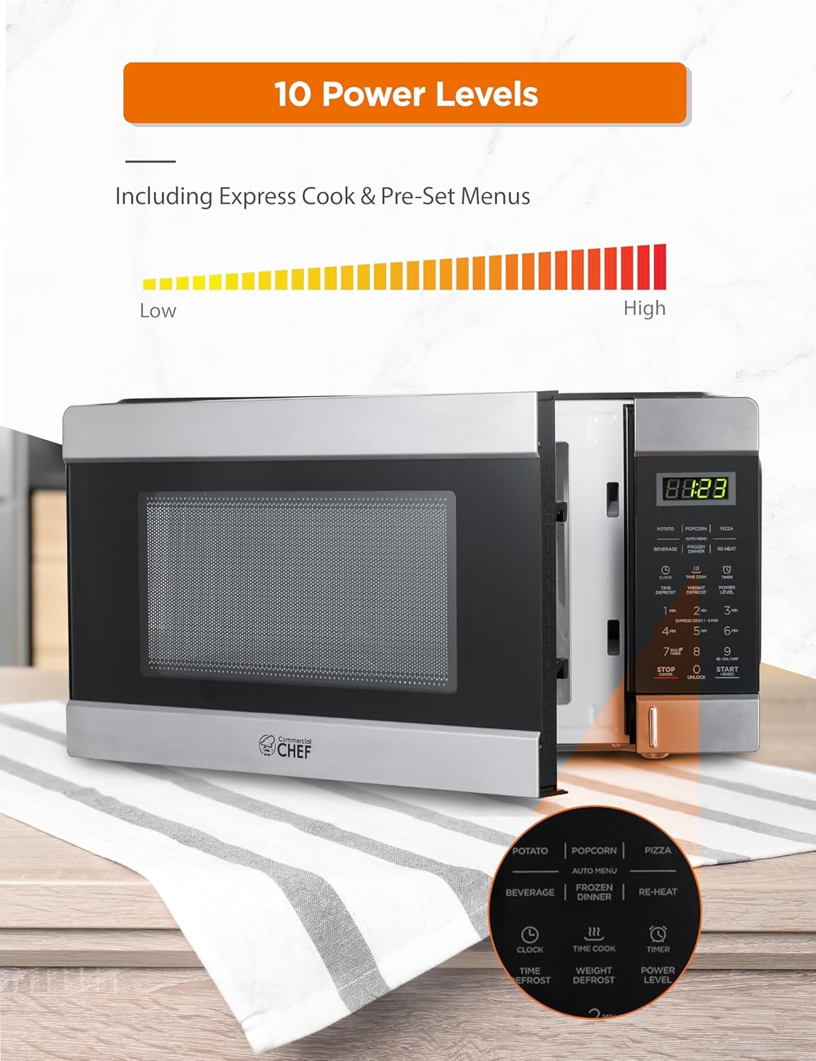 Commercial CHEF Countertop Microwave, 1.1 Cubic Feet, Black With Stainless Steel Trim