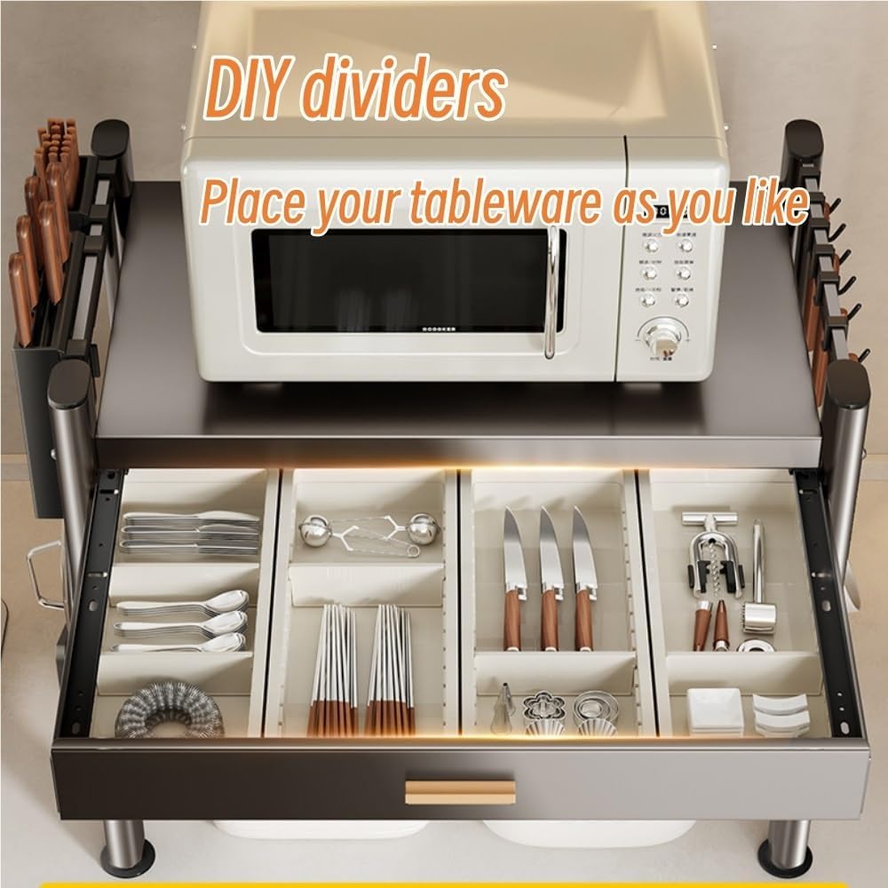Adjustable Microwave Oven Countertop Rack, Microwave Oven Rack, Kitchen Counter Shelf, 2 Tier Metal Kitchen Countertop Organizer Shelves with 6 Hooks(59cm-23.2in)