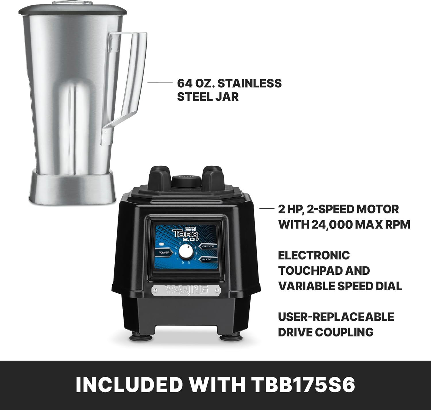 Waring Commercial TBB175S6 TBB175S6-64 Ounce Stainless Steel Commercial Blender, 64 Ounce, Silver