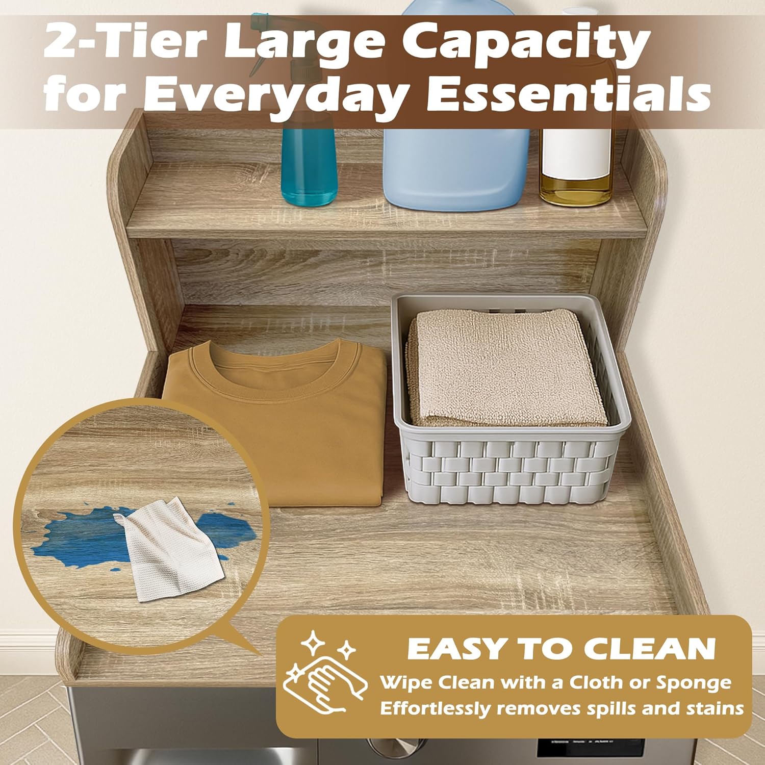 Royxen Washer Dryer Countertop with Shelf,2-Tier Laundry Countertop for Single Washer and Dryer,Soild Wood Core Washer Dryer Topper for Laundry Room Organization(White Oak)