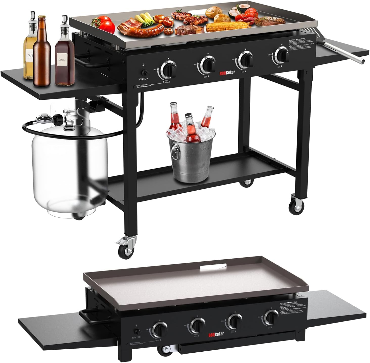 4-Burner Propane Gas Griddle, 60,000 BTU Flat Top Grill with Removable Side Tables, Bottom Tray and Foldable Legs, 766 sq. in. Cooking Area, Portable Outdoor Griddle for Camping, BBQ (BLACK)