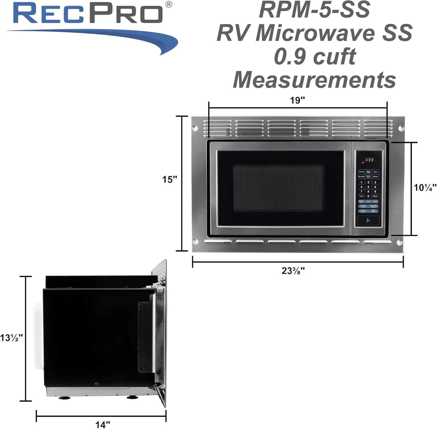 RecPro Over the Range RV Microwave | .9 cubic ft Stainless Steel Microwave with Trim Kit | 900 Watt | Direct Replacement for Greystone