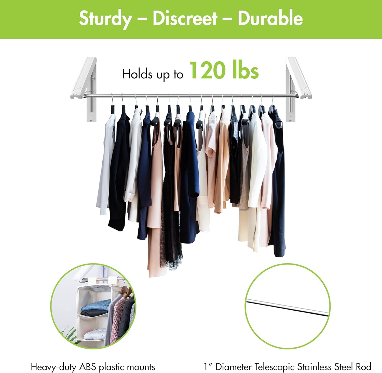 QuikCLOSET Wall Mounted Clothes Drying Rack – Space-Saving Laundry Drying Rack with Telescopic 36-60