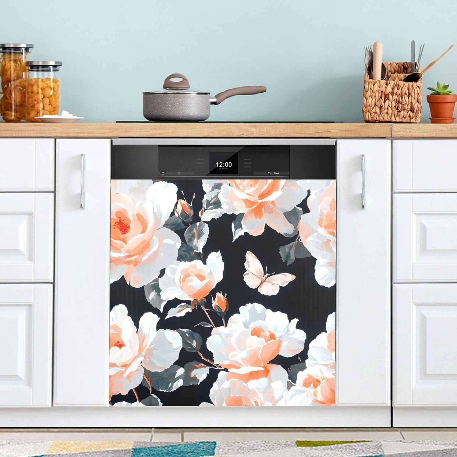 Dishwasher Magnet Cover Large Magnetic Stickers Orange Flower Pattern Front Dishwasher Cover Reusable Decal for Home Kitchen Anti-Scratch Refrigerator Decorative Lid Washing Machine Laundry 23