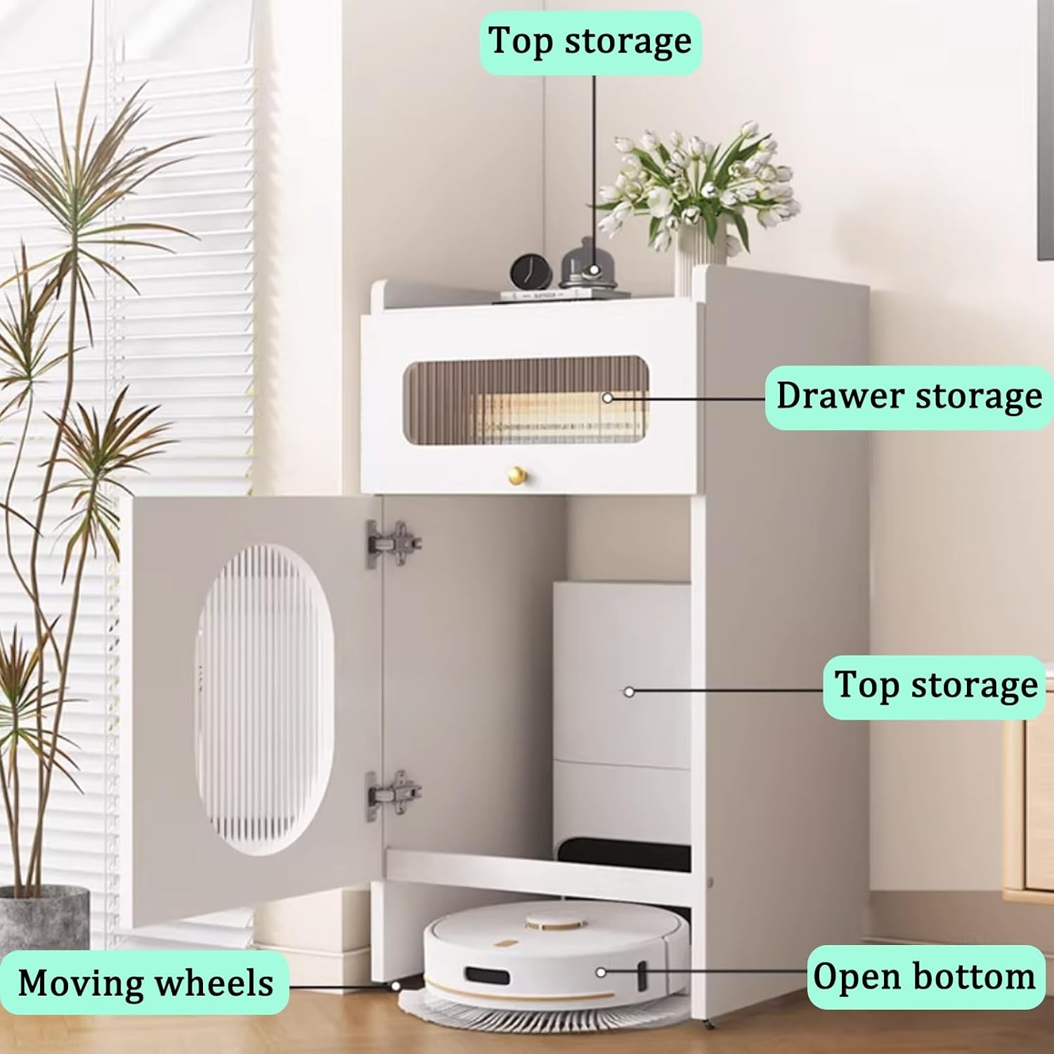 Robot Vacuum Stand Cabinet, Hidden Cabinet for Sweeping Robots, Robot Vacuum Storage Cabinet with Wheels, Side Table with Drawer and Doors(Champagne,19.6x15.7x29.5'')