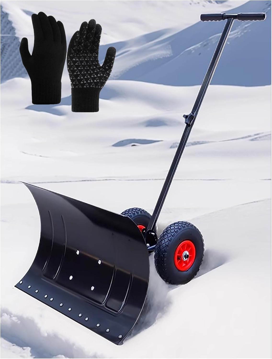 Snow Shovel with Wheels, Heavy Duty Portable Snow Pusher Shovel Heavy Duty Metal Snow Shovel for Driveway Car Home Garage(29x17in/74x43cm)