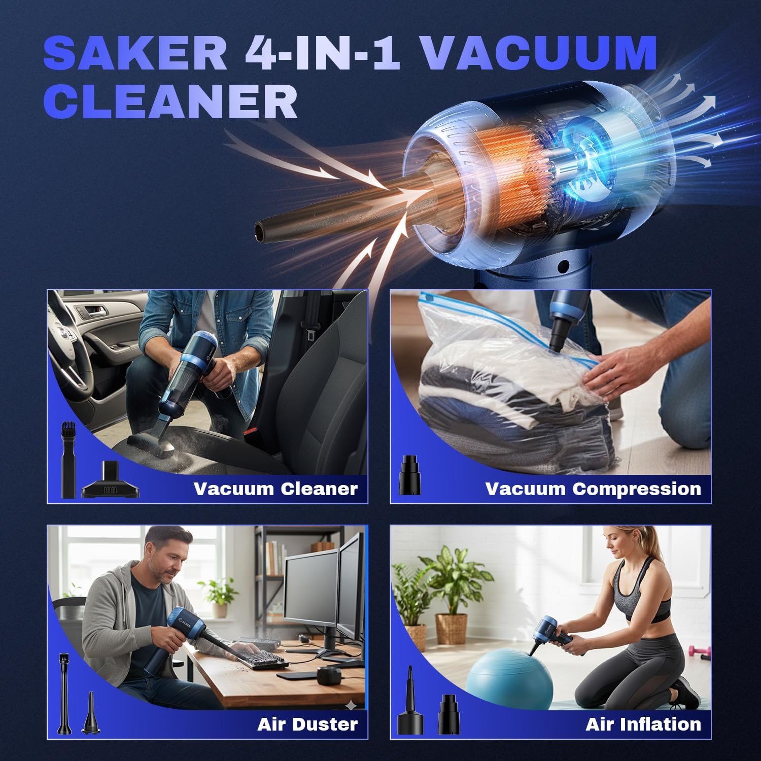 Saker Car Vacuum Cleaner HL157 4-in-1 Cordless Handheld Vacuum with 20000Pa Suction & LED Light + Original HEPA & Steel Filter Set (4PCS), Portable for Car, Home, Office, Pet Blue