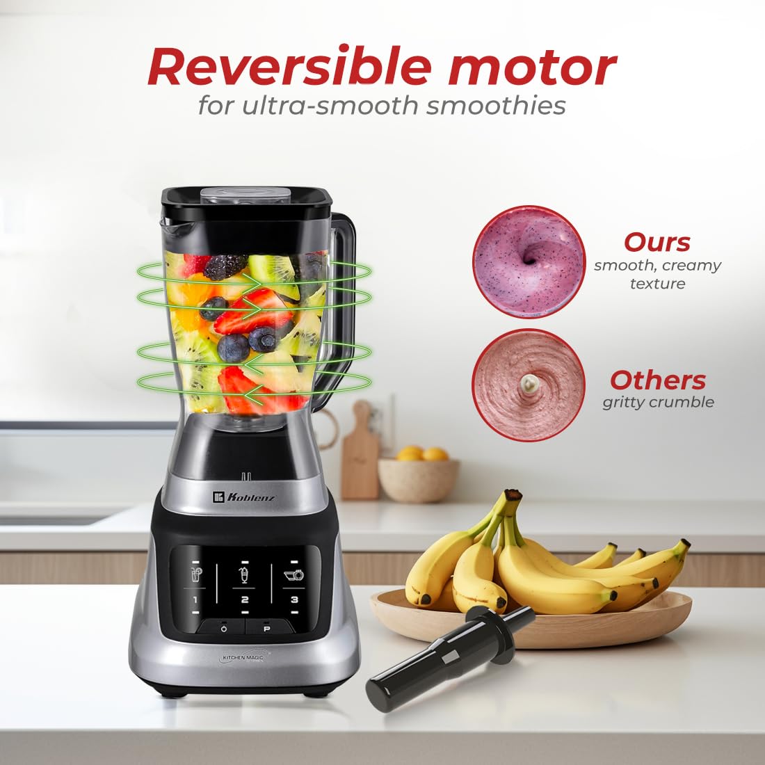 Koblenz Professional Blender, Countertop Blender for Shakes and Smoothies with 3 Speeds, 1200-W Motor, 68 Oz. Capacity, Super Silent Operation, Includes Tamper Accessory, Black/Chrome, LKM-9406