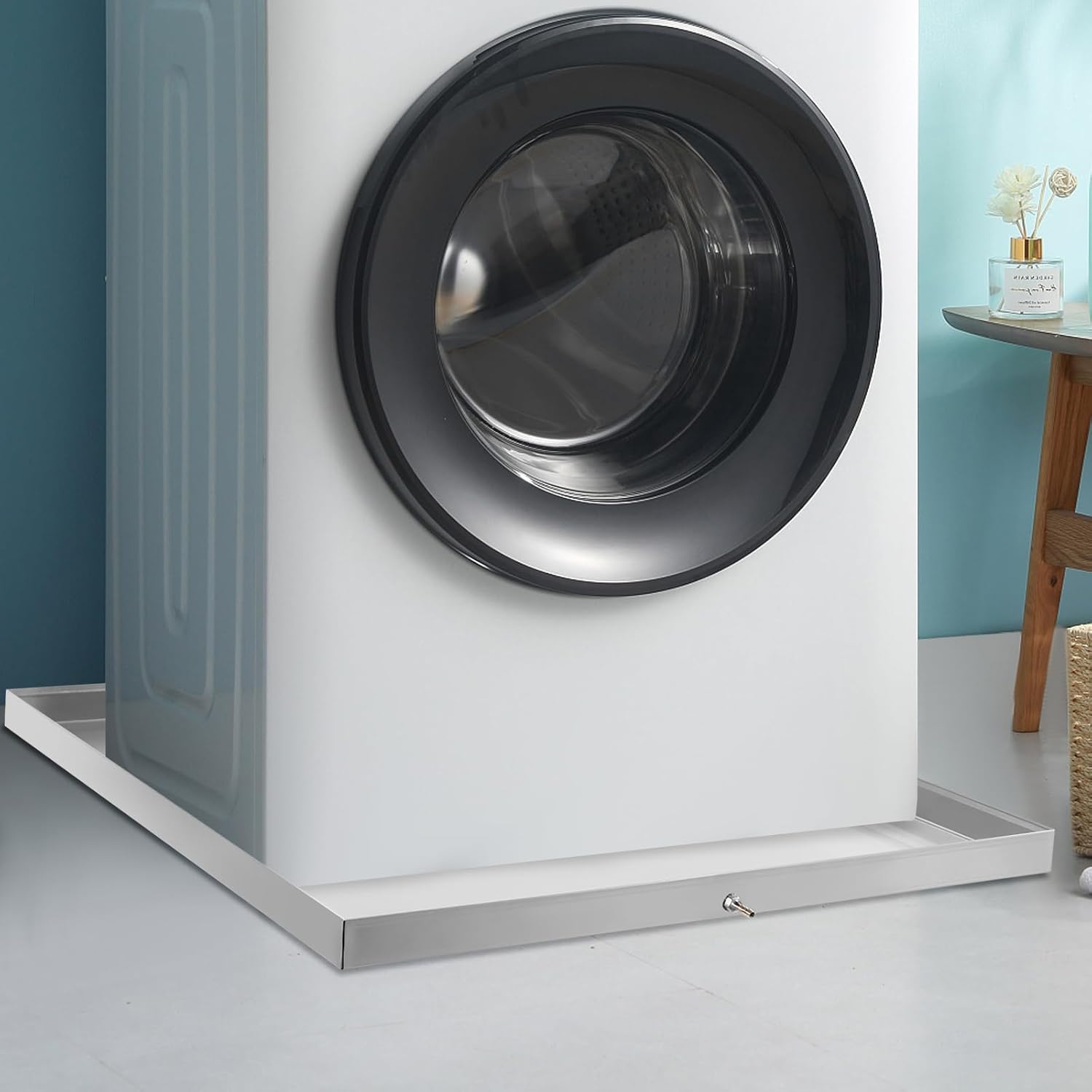 Washing Machine Drain Pan, Stainless Steel Washing Machine Drain Pan, Washing Machine Drain Pan with Drain Holes, 27 x 25 x 1.5 Inches, Suitable for Laundry Room and Kitchen Use