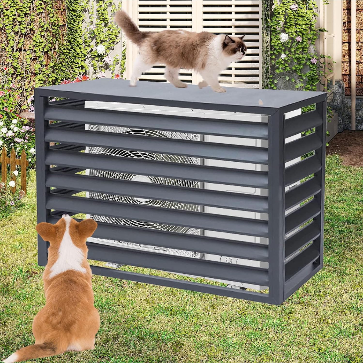 Air Conditioner Fence for Outside, Ac Unit Covers Outdoor, Shelf Plant Stand, Noise Reduction, Anti Theft, Outdoor Privacy(White,110cm)